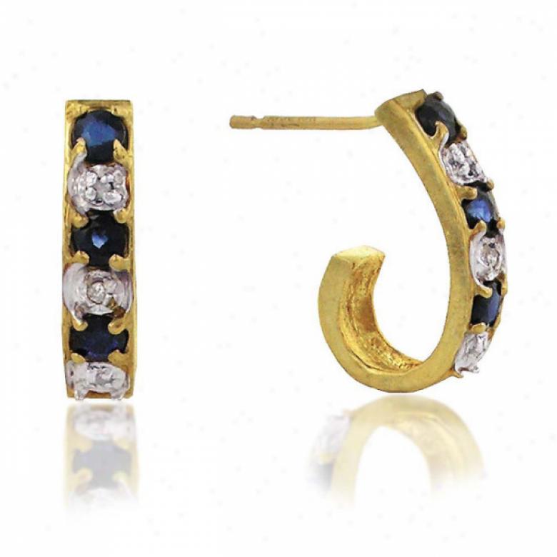 10k Yellow 2.5 Mm J-hoop Rouhd Sapphire And Diamond Earrings
