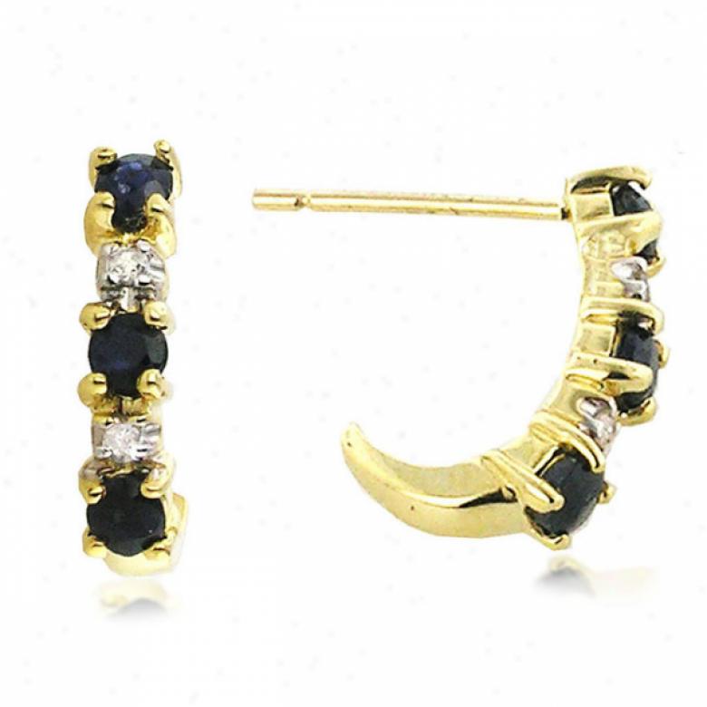 10k Yellow 2.5 Mm J-hoop Sapphire And Diamond Earrings