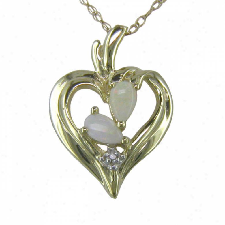 10k Yellow 5x3 Mm Heart Opal Anr Diamond Pendant
