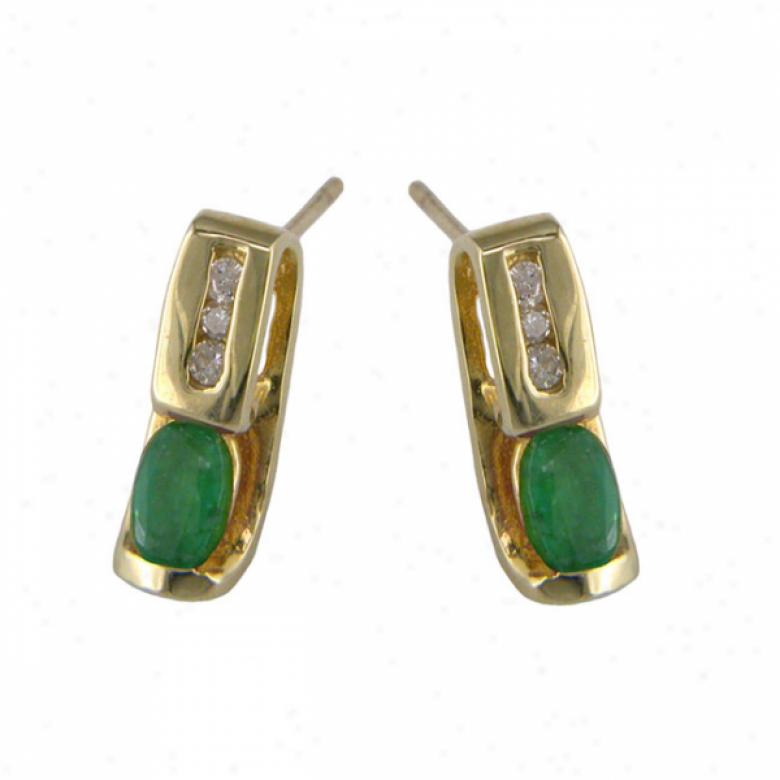 10k Yellow 5x3 Mm Oval Emerald And Diamond Stud Earrings