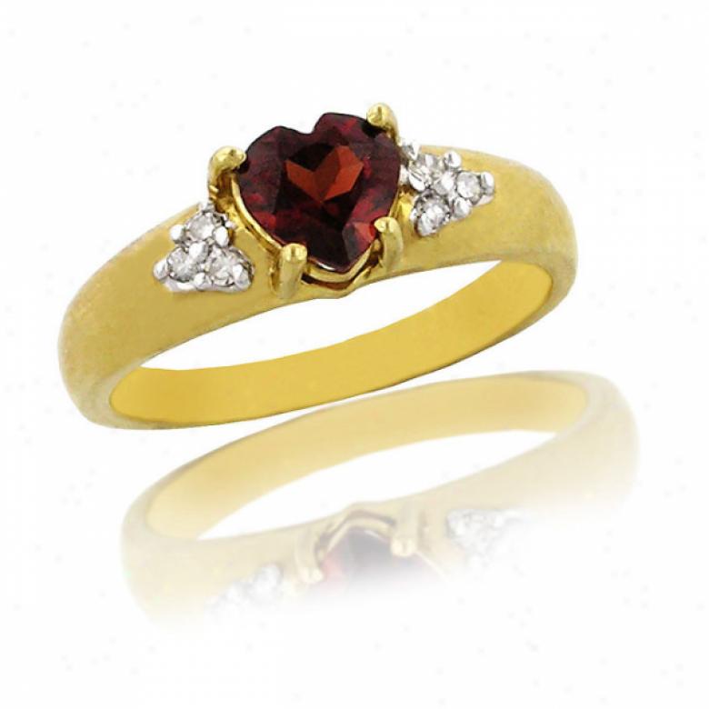 10k Yellow 6 Mm Heart Garnet And Diamond Ring