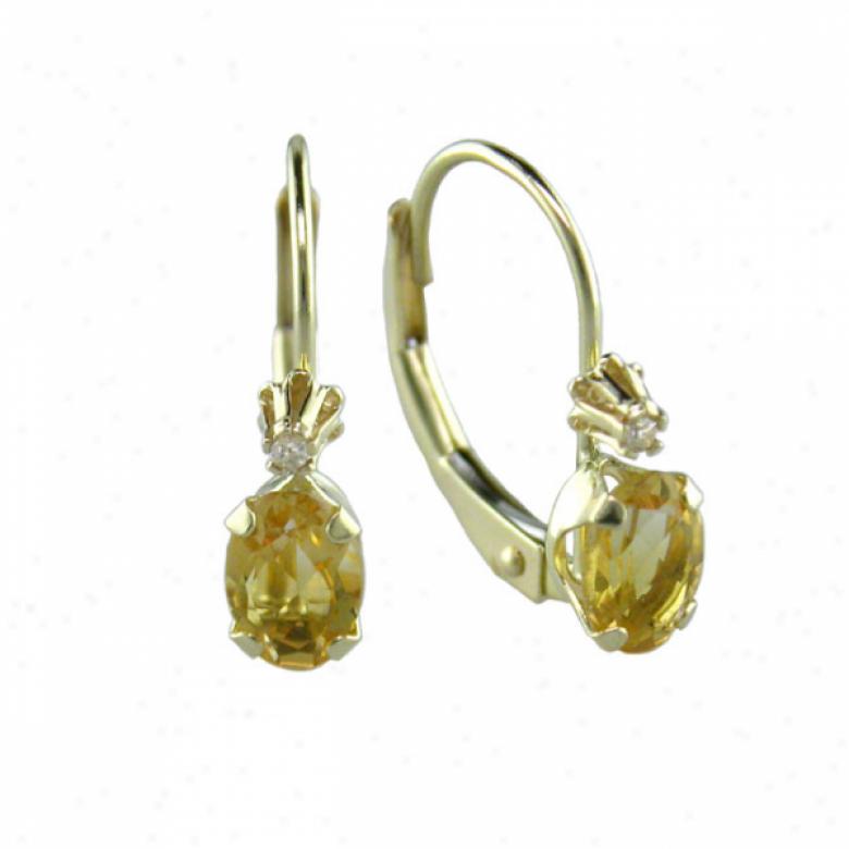 10k Yellow 6x4 Mm Leverback Oval Citrine And Diamond Earring