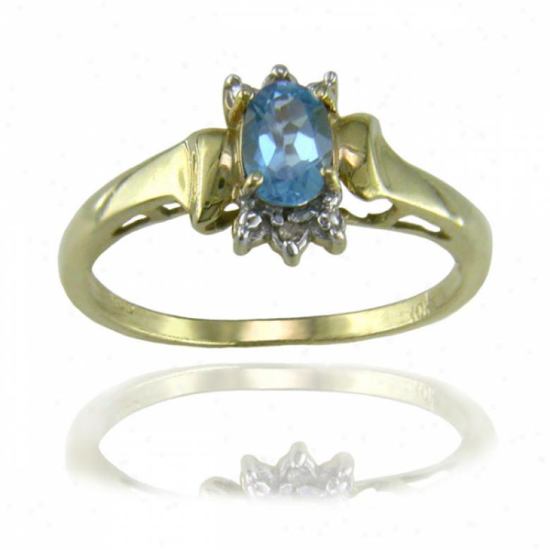 10k Yellow 6x4 Mm Oval Blue Topaz And Diamond Ring