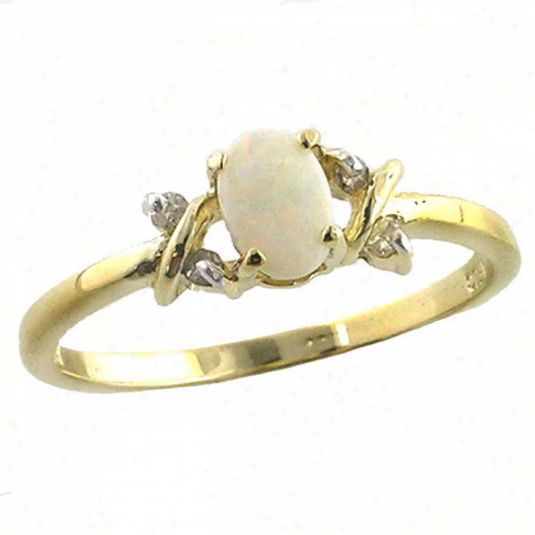 10k Yellow 6x4 Mm Oval Opal And Diamond Ring