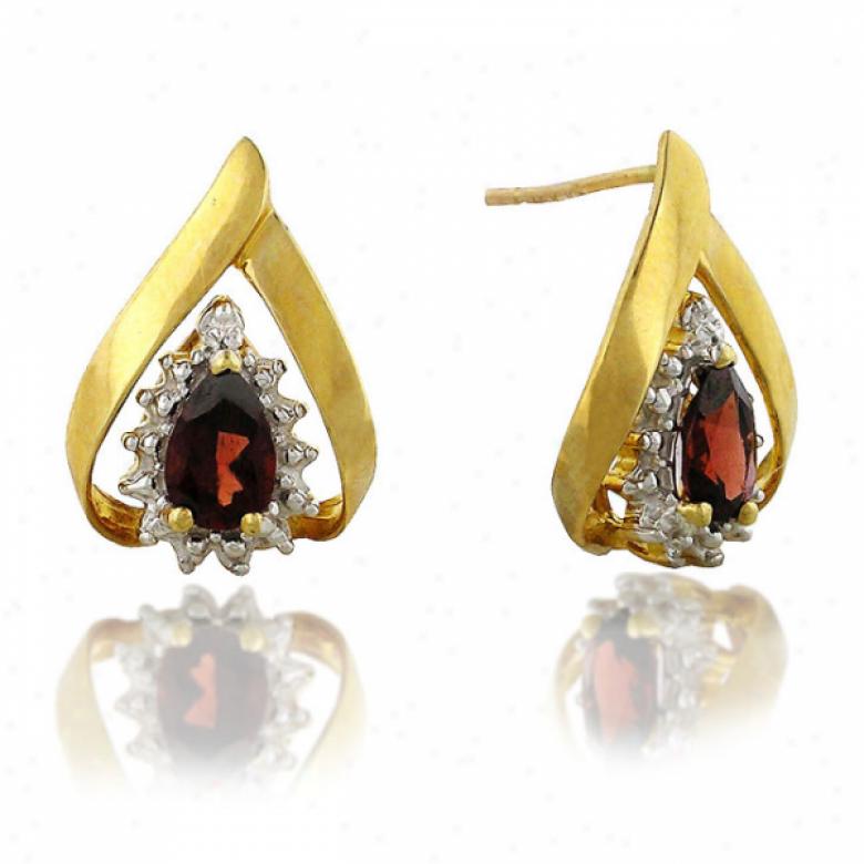10k Yellow 6x4 Mm Pear Shape Garnet And Diamond Earrijgs