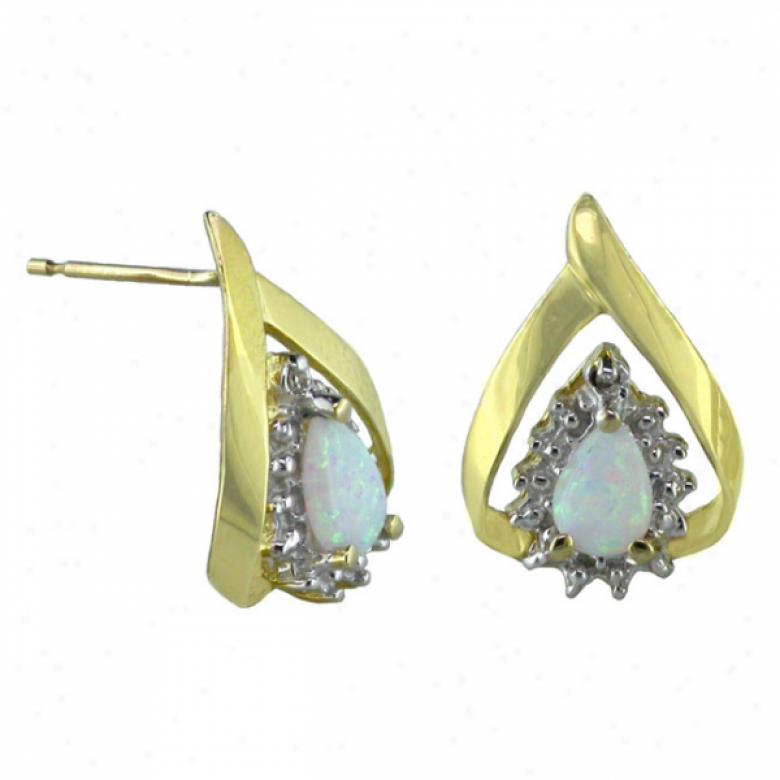 10k Yellow 6x4 Mm Pear Shape Opal And Diamond Earrings