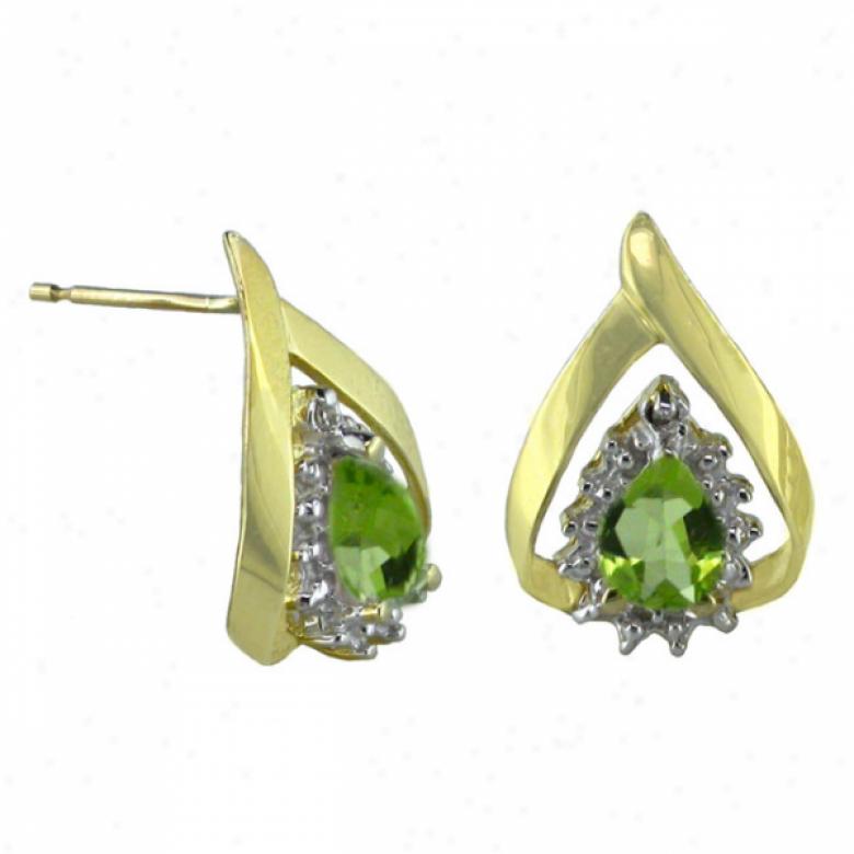 10k Yellow 6x4 Mm Pear Shape Peridot And Diamond Earrings