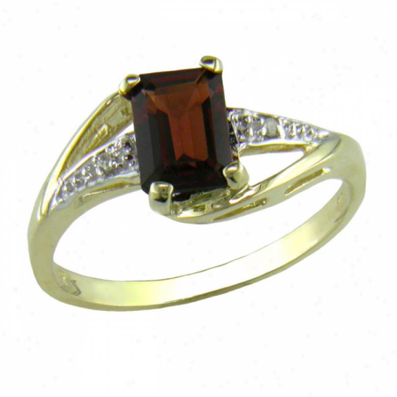 10k Yellow 7x5 Mm Emerald-cut Garnet And Diamond Ring
