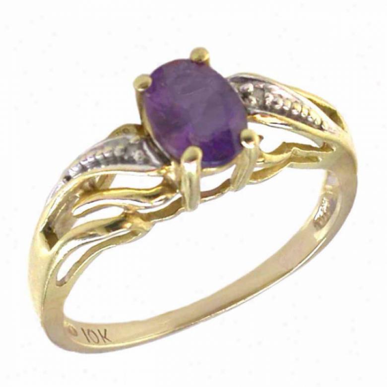 10k Yel1ow 7x5 Mm Oval Amethyst And Diamond Ring