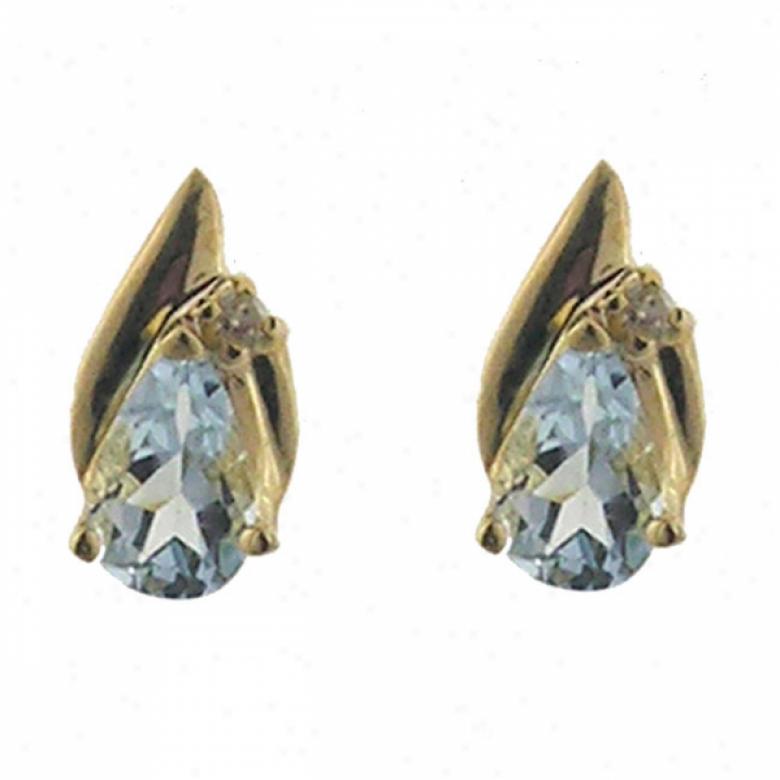 10k Yellow 8x5 Mm Pear Shape Aquamarine And Rhombus Earrings