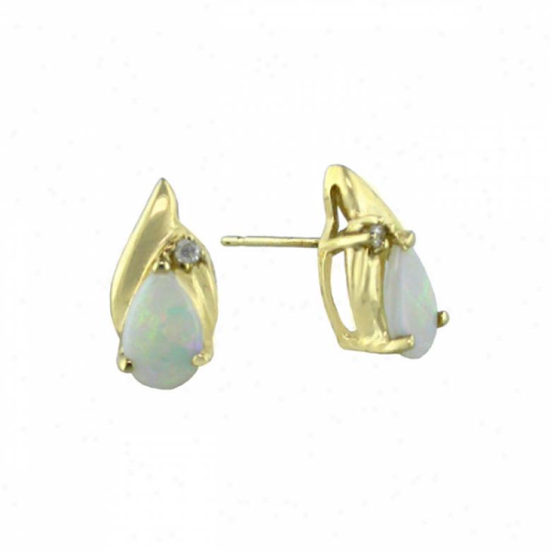 10k Yellow 8x5 Mm Pear Shape Opal And Diamond Stud Earrings