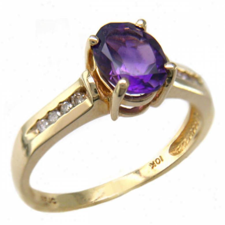 10k Yellow 8x6 Mm Oval Amethyst And Diamond Ring