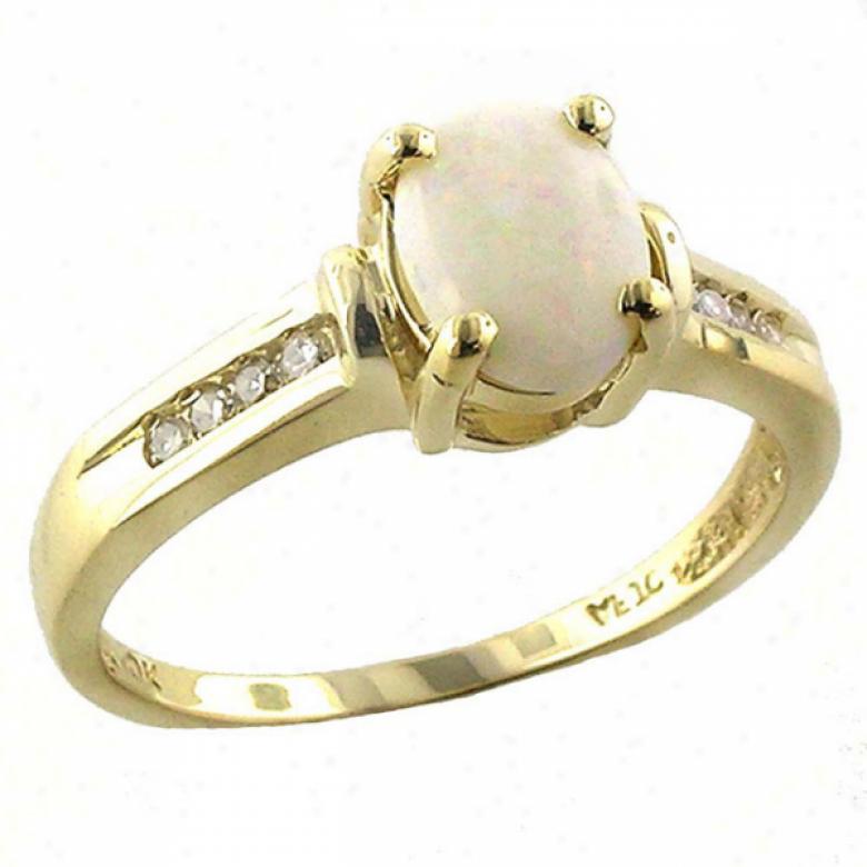 10k Yellow 8x6 Mm Oval Opal And Diamond Ring
