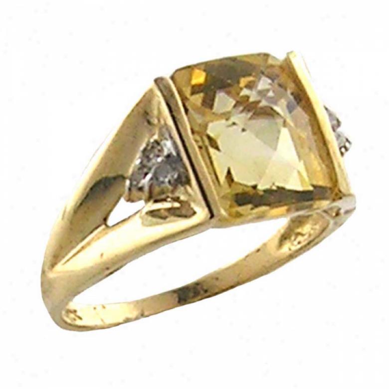 10k Yellow Emerald-cut Citrine And Diamknd Ring