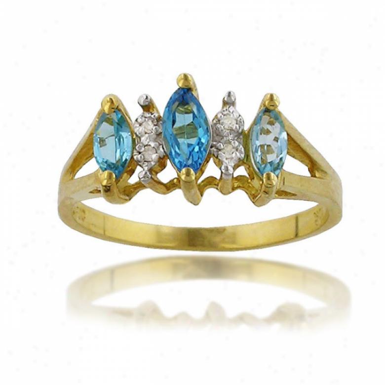 10k Yelow Marquise Shape Blue Topaz And Diamond Ring