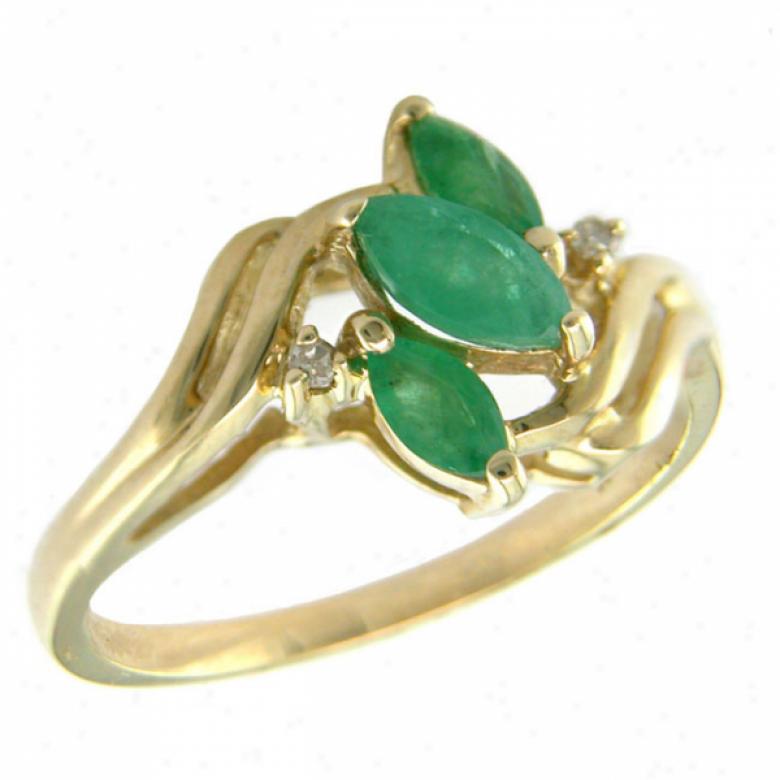 10k Yellow Marquise Shape Emerald And Diamond Ring