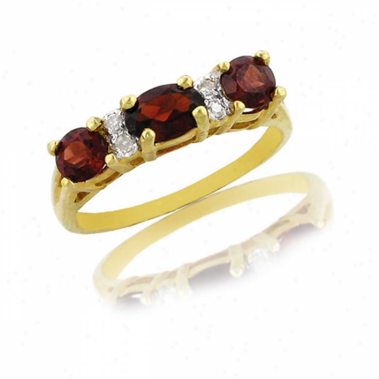 10k Yellow Oval And Round Garnet And Diqmond Ring