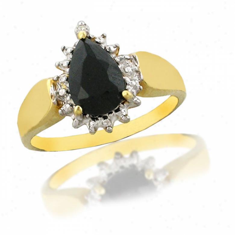 10k Yelloq Pear Shape Black Onyx And Diamond Ring