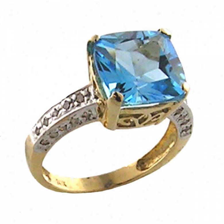 10k Yellow Square Blue Topaz And Diamond Ring