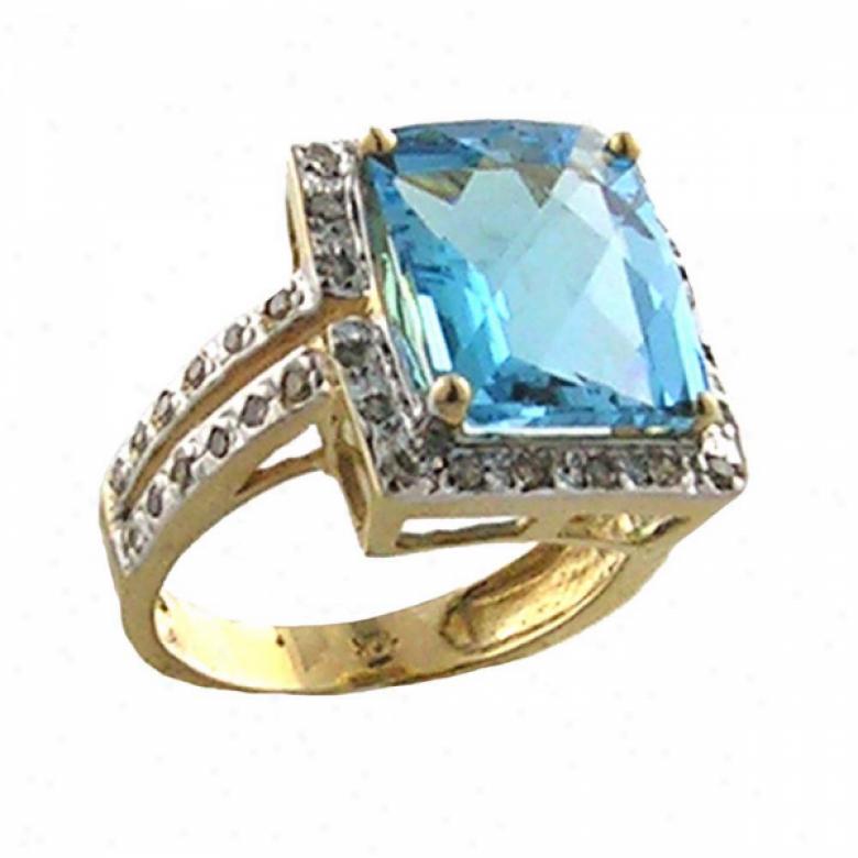 10k Yellow Square Swiss Blue Topaz And Diamond Ring
