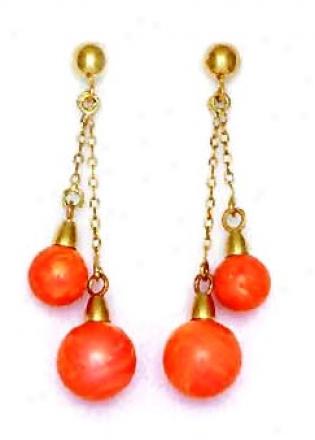 14k 6 And 7 Mm Round Coral-orange Crystal Pearl Earrings