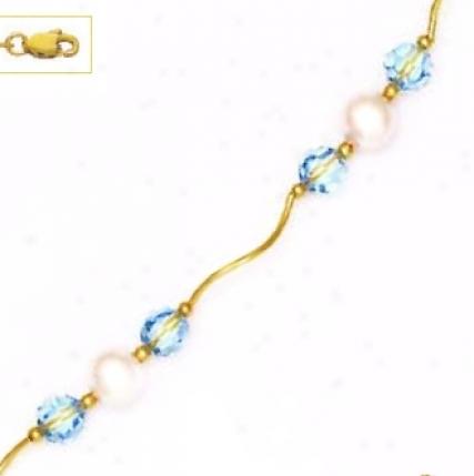 14k 6 Mm Blue Crystal And 7 Mm White Crystal Pearl Necklace