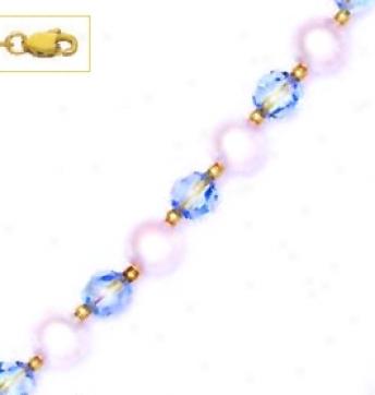 14k 6 Mm Crywtal And 7 Mm Ligght-rose Crystal Pearl Necklace