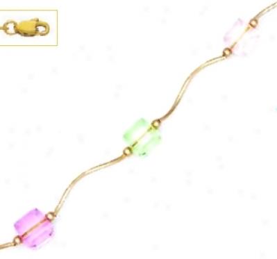 14k 6 Mm Cube Light Pink Green And Clear Crystal Necklace