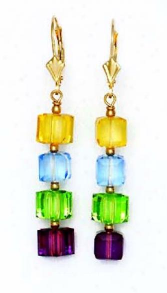 14k 6 Mm Cube Yellow Blue Green And Purple Crystal Earrings
