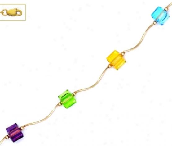 14k 6 Mm Cube Yellow Blue Red And Green Crystal Necklace