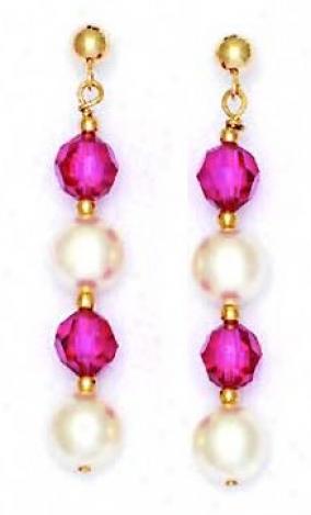 14k 6 Mm Dark-pink Crystal 7 Mm White Crystal Pearl Earrings