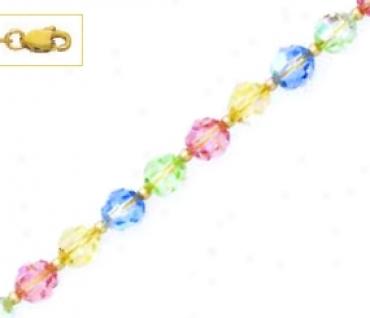 14k 6 Mm Rpund Cream Blue Green And Pink Crystal Necklace
