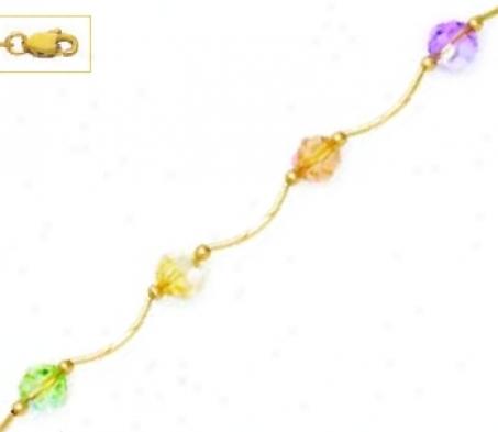 14k 6 Mm Round Cream Peach Purple And Green Crystal Necklace