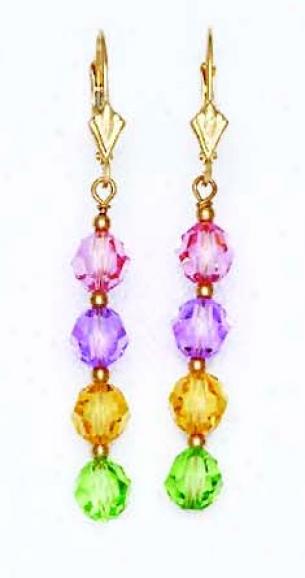 14k 6 Mm Round Pinl Purple Yellow And Green Crystal Earrings
