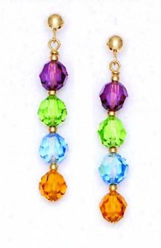14k 6 Mm Roujd Purple Green Blue And Yellow Crystal Earrings