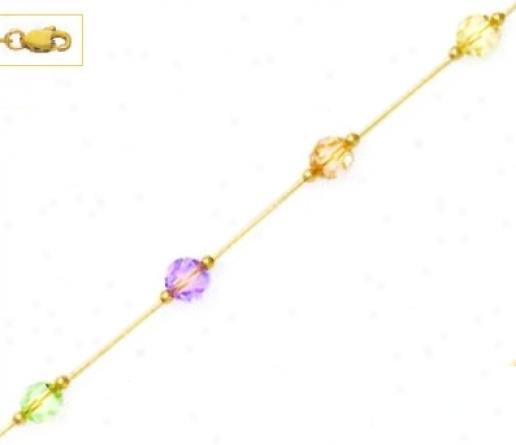 14k 6 Mm Large Purple Peach Cream And Green Crystal Neecklace