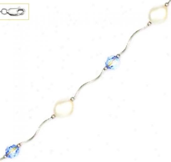 14k 6mm Blue Crystal And 9x8mm Curved Crystal Pearl Necklace