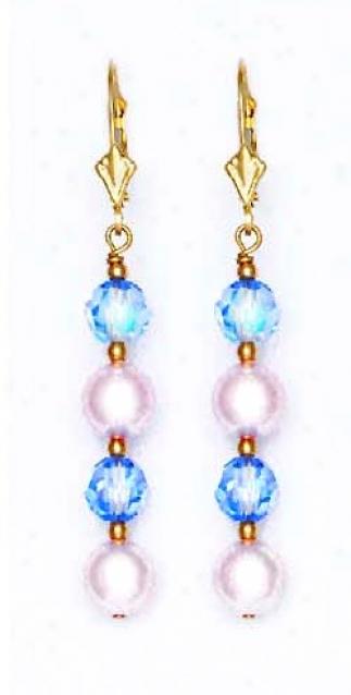 14k 6mm Light-blue Crsytal 7mm White Crystal Pearl Earrings