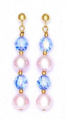 14k 6mm Ligjt-blue Crystal 7mm White Crystal Pearl Earrings