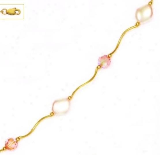 14k 6mm Pink Crystal And 9x8mm Curved Crystal Jewel Necklace