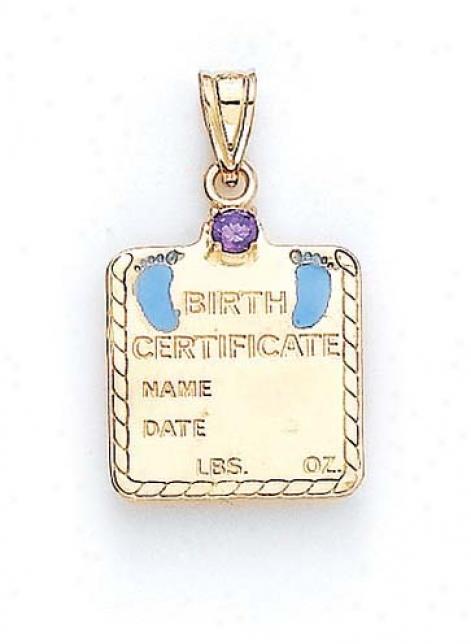 14k Amethyst Baby Boy Birth Certificate Pendant 1 1/16 Inch