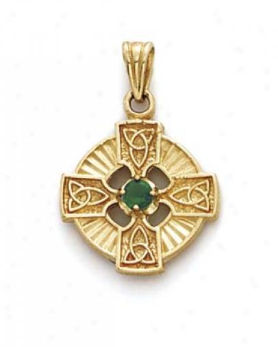 14k Celtic Cross Synthetic Emerald Pendant