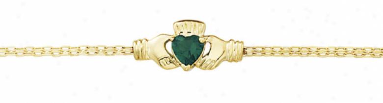 14k Claddagh Synthetic Emerald Bracelet - 7.25 Inch