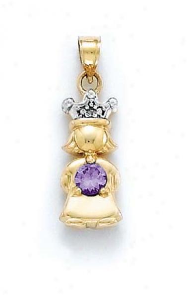 14k Diamond & Amethyst-purple Birrthstone Princess Pendant