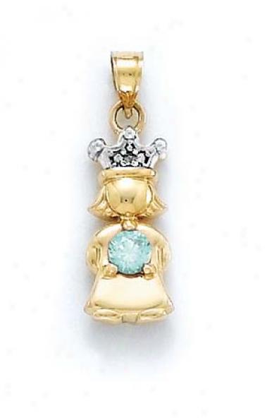 14k Diamond & Aauamarine-blue Birthstone Princess Pendant