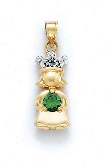 14k Diamond & Emerald-green Birthstone Princess Pendant