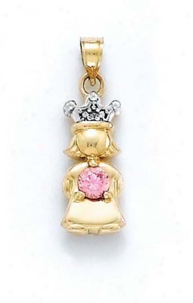 14k Diamond & Topaz-pink Birthstone Princess Pendant 1 Inch