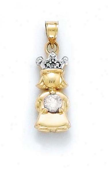 14k Diamond & Topaz-white Birthstone Princess Pendant 1 Inch
