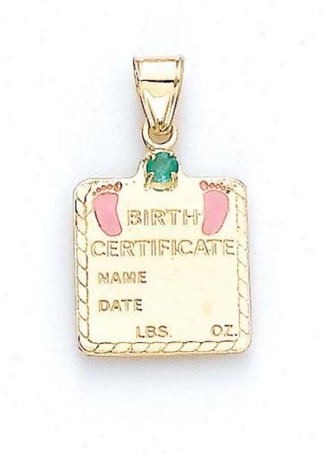 14k Emerald Baby Girl Birth Certificate Pendant 1 1/16 Inch