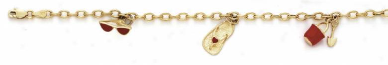 14k Enamel Charm 3 Charms Bracelet - 7.25 Inch